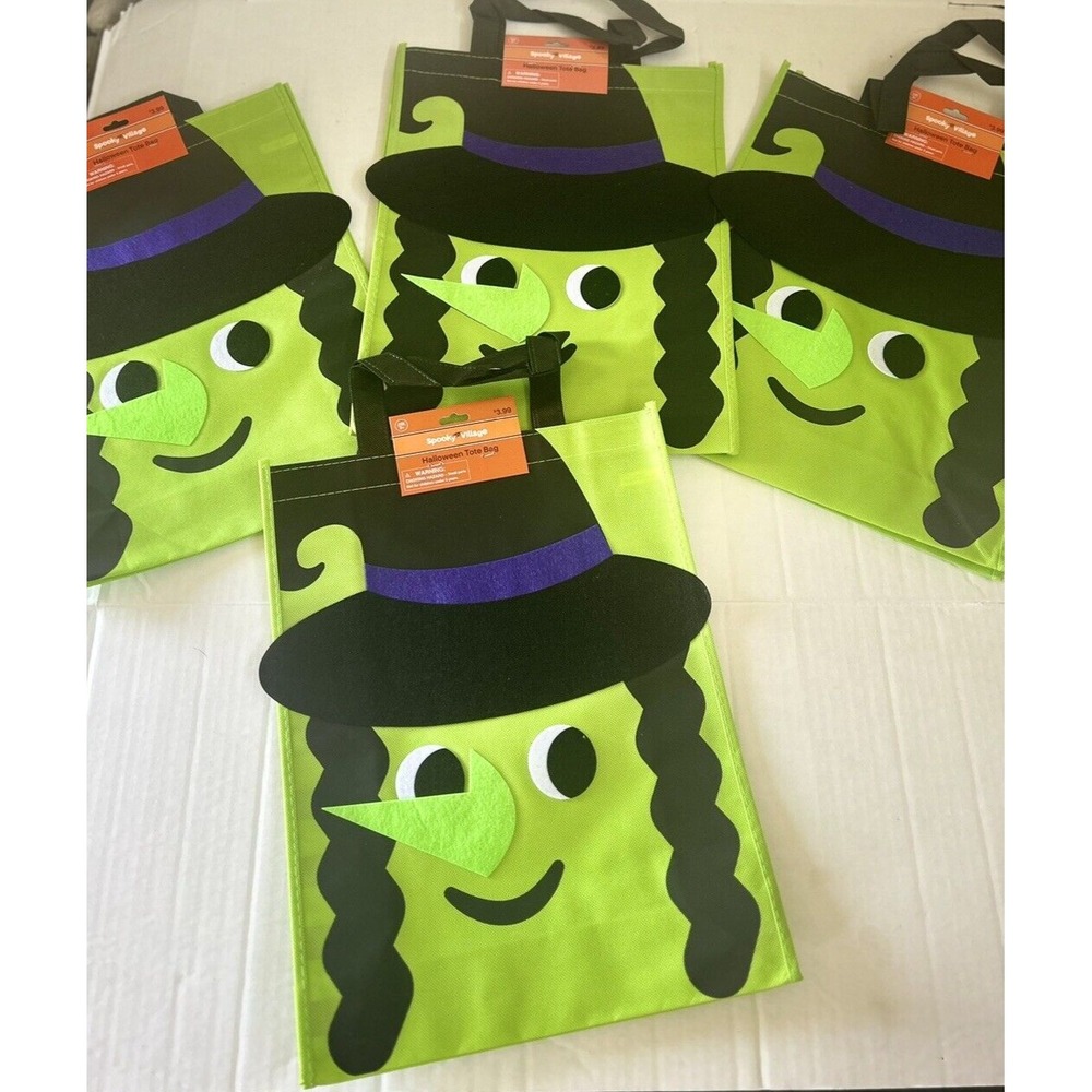 Trick or Treat Candy Bags Totes Halloween Fabric Witch Large Lot of 4 Green New